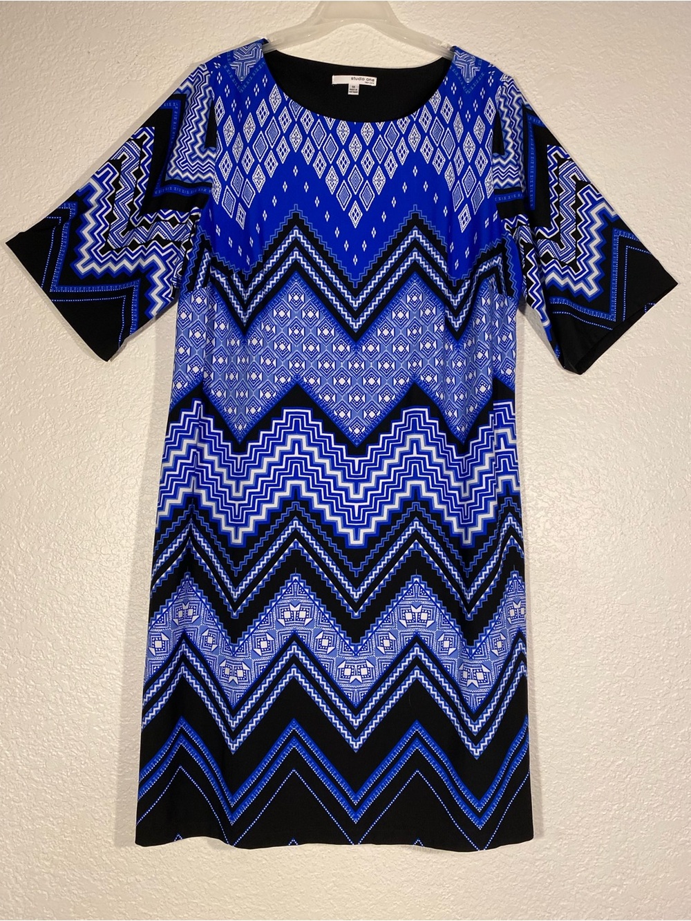 Studio One Blue and Black Chevron-Print Midi Dress